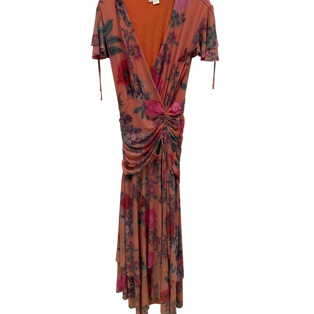 Maeve Anthropologie Coral Floral Mesh Ruched‎ Midi Dress Flutter Sleeve Small